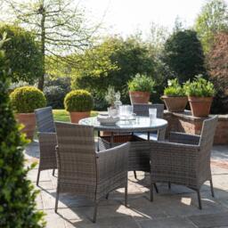 Kemble 4 Seater Rattan Round Dining Set with Grey LED Premium Parasol & Parasol Rain Cover - Grey Weave - thumbnail 2