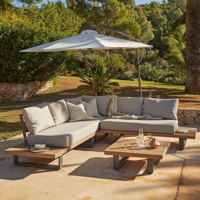 Shiva Garden Corner Sofa Set with Cream Parasol - Stone - image 1