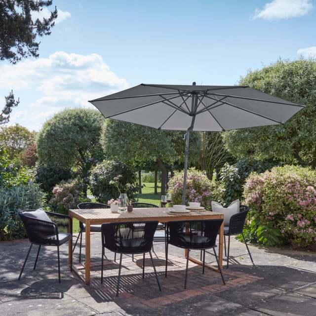 Lennox Table with 6 Hali Black Dining Chairs & Grey Lean Over Parasol - image 1