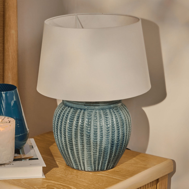 Elmer 27cm Teal Blue Ceramic Lamp Base & Coningsby Snow White Cotton Lampshade - 35cm - image 1