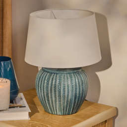 Elmer 27cm Teal Blue Ceramic Lamp Base & Coningsby Snow White Cotton Lampshade - 35cm - thumbnail 1