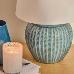 Elmer 27cm Teal Blue Ceramic Lamp Base & Coningsby Snow White Cotton Lampshade - 35cm - thumbnail 6