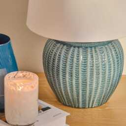 Elmer 27cm Teal Blue Ceramic Lamp Base & Coningsby Snow White Cotton Lampshade - 35cm - thumbnail 6