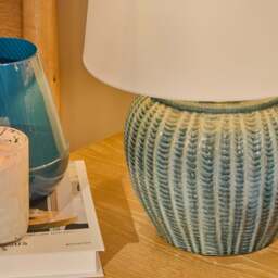 Elmer 27cm Teal Blue Ceramic Lamp Base & Coningsby Snow White Cotton Lampshade - 35cm - thumbnail 5