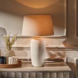 Selham 47cm Rustic White Ceramic Lamp Base & Coningsby Taupe Cotton Lampshade - 40cm - thumbnail 2