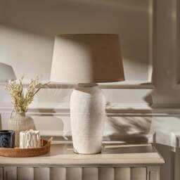 Selham 47cm Rustic White Ceramic Lamp Base & Coningsby Taupe Cotton Lampshade - 40cm - thumbnail 1