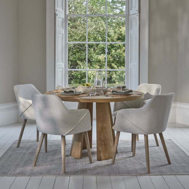 Farren 120cm Whitewash Oak Round Dining Table Set - 4 Seater - Freya Oat Boucle Armchairs with Whitewash Legs - image 1