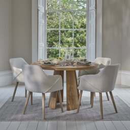 Farren 120cm Whitewash Oak Round Dining Table Set - 4 Seater - Freya Oat Boucle Armchairs with Whitewash Legs - thumbnail 1