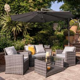 Cote 4 Seater Rattan Garden Sofa Set with Grey Lean Over Parasol - Grey Weave - thumbnail 1