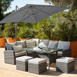 Aston 9 Seater Rattan Corner Sofa Set with Grey LED Premium Cantilever Parasol - Grey