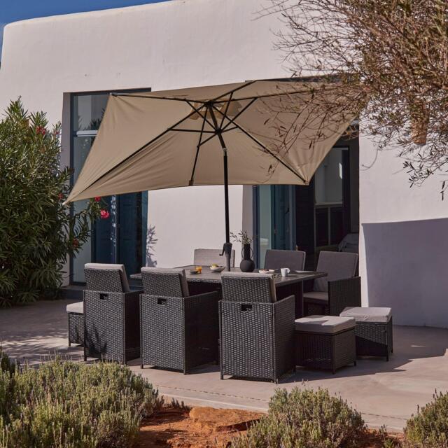 Cube  10 Seater Rattan Outdoor Dining Set with Cream Parasol - Black Weave Polywood Top - image 1