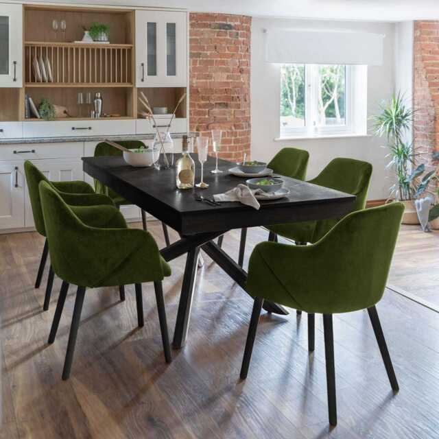 Amelia Black Dining Table Set - 6 Seater - Freya Fern Green Carver Chairs - Black Legs - image 1