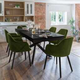 Amelia Black Dining Table Set - 6 Seater - Freya Fern Green Carver Chairs - Black Legs - thumbnail 1