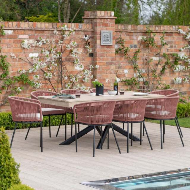 Amelia 8 Seater Wooden Garden Dining Set with 8 Hali Pink Chairs - Light Brushed Acacia with Black Legs - image 1