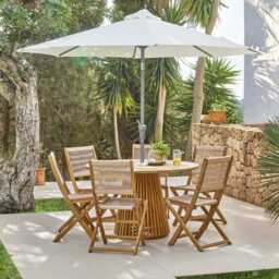 Willow 6 Seater Round Wooden Garden Dining Set with 6 Cove Rope Chairs & Round Cream LED Parasol