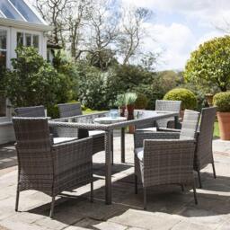 Marston 6 Seater Rattan Garden Dining Set with Grey Parasol - Grey - Glass Top - thumbnail 2