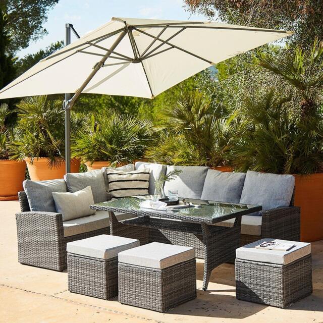 Aston 9 Seater Rattan Corner Sofa Set with Cream LED Premium Cantilever Parasol - Grey - image 1