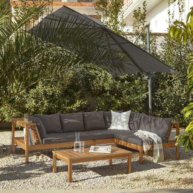 Dakota Wooden Garden Corner Sofa Set with Grey Parasol - Grey Cushions - image 1