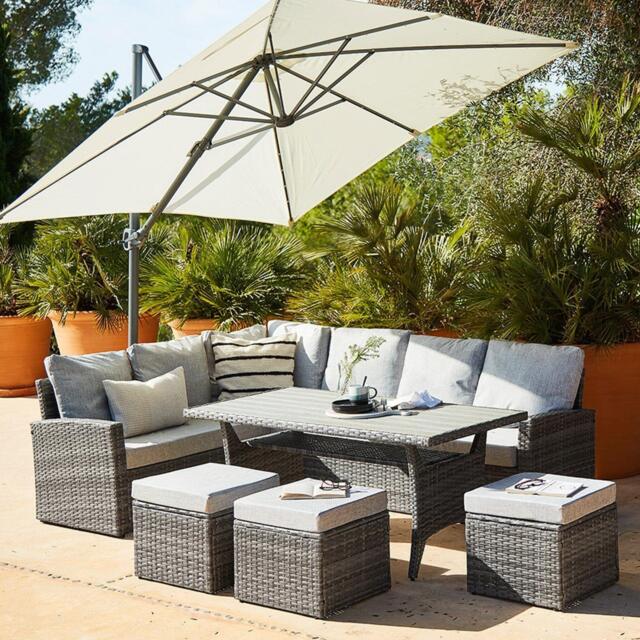 Aston 9 Seater Rattan Garden Corner Sofa Set with Cream LED Premium Parasol - Polywood Top - Grey - image 1