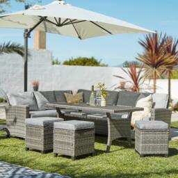 Aston 9 Seater Rattan Garden Corner Sofa Set with Cream LED Premium Parasol - Polywood Top - Grey - thumbnail 5