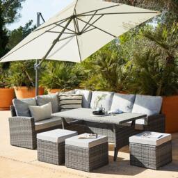 Aston 9 Seater Rattan Garden Corner Sofa Set with Cream LED Premium Parasol - Polywood Top - Grey - thumbnail 1