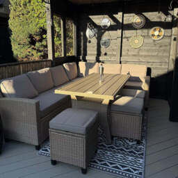 Aston 9 Seater Rattan Corner Sofa Set with Grey LED Premium Parasol with Polywood Table Top - Natural Brown - thumbnail 4