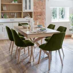 Amelia Whitewash Extendable Dining Table Set - 6 Seater - Freya Fern Green Dining Chairs - Whitewash Legs