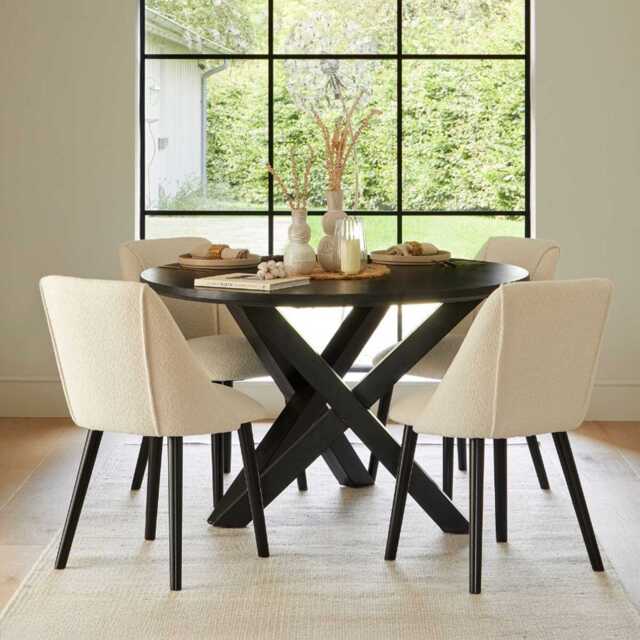 Levi Black Round Dining Table Set - 4 Seater - Freya Boucle Dining Chairs with Black Legs - image 1