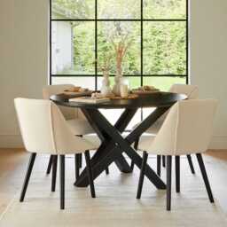 Levi Black Round Dining Table Set - 4 Seater - Freya Boucle Dining Chairs with Black Legs - thumbnail 1