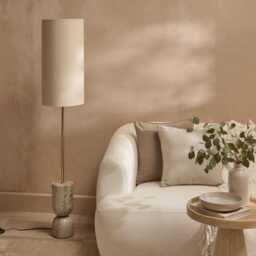 Tiree 97cm Taupe Marble Floor Lamp Base & Tiree Ivory Boucle Tall Lampshade - 30cm