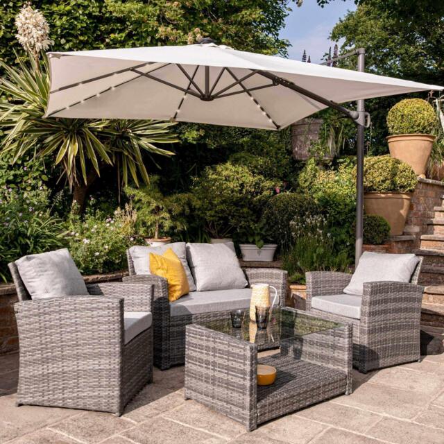 Cote 4 Seater Rattan Garden Sofa Set with Cream LED Premium Cantilever Parasol - Grey Weave - image 1