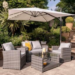 Cote 4 Seater Rattan Garden Sofa Set with Cream LED Premium Cantilever Parasol - Grey Weave - thumbnail 1