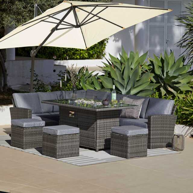 Aston 9 Seater Rattan Garden Corner Sofa Set with Cream Cantilever LED Premium Parasol - Firepit - Grey - image 1