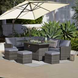 Aston 9 Seater Rattan Garden Corner Sofa Set with Cream Cantilever LED Premium Parasol - Firepit - Grey - thumbnail 1