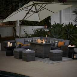 Aston 9 Seater Rattan Garden Corner Sofa Set with Cream Cantilever LED Premium Parasol - Firepit - Grey - thumbnail 2