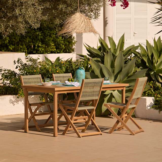 Harlyn 4 Seater Wooden Garden Dining Set with Cove Green Rope Chairs - 160cm - image 1