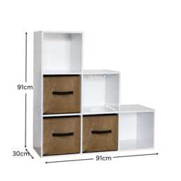 Cara 6 Cube Bookcase Ladder Storage Unit - Chalk White with Jute Boxes - thumbnail 5