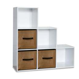 Cara 6 Cube Bookcase Ladder Storage Unit - Chalk White with Jute Boxes - thumbnail 4
