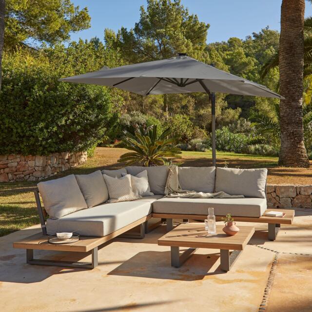 Shiva Garden Corner Sofa Set with Grey LED Premium Parasol - Stone - image 1