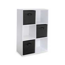 Cara 6 Cube Chalk White Bookcase Wooden Display Unit Shelving Storage Bookshelf Shelves - Black Basket