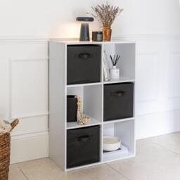 Cara 6 Cube Chalk White Bookcase Wooden Display Unit Shelving Storage Bookshelf Shelves - Black Basket - thumbnail 3