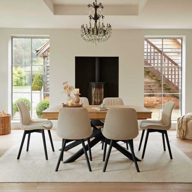 Amelia Whitewash Extendable Dining Table Set - 6 Seater - Bella Light Beige Boucle Dining Chairs - Black Legs - image 1