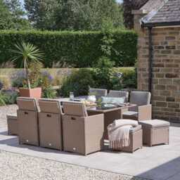 Cube 10 Seater Rattan Outdoor Dining Set with Cream LED Premium Parasol - Natural Brown Weave - thumbnail 1