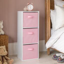 Cara 3 Tier Chalk White Bookcase Wooden Display Shelving Unit with Pink Storage Box - thumbnail 3
