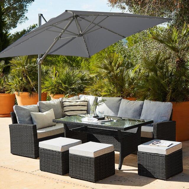 Aston 9 Seater Rattan Garden Corner Sofa Set with Grey LED Premium Cantilever Parasol - Black Weave - image 1