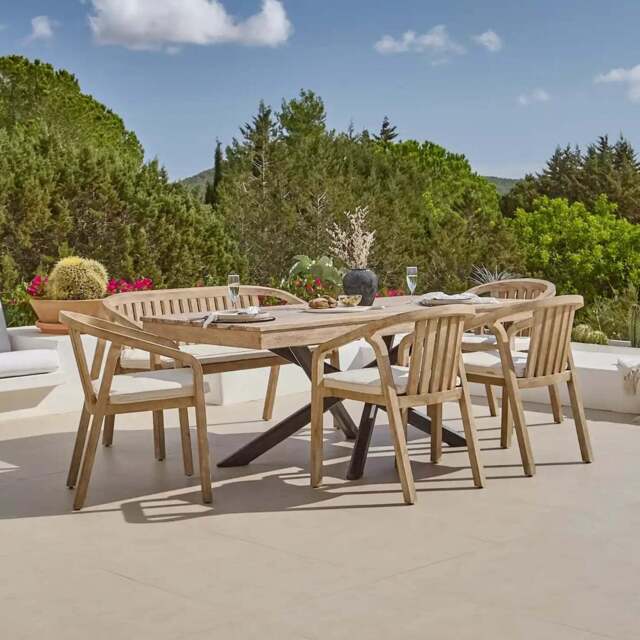 Amelia 6 Seater Wooden Garden Dining Set with 4 Shiro Chairs & Bench with Cushions