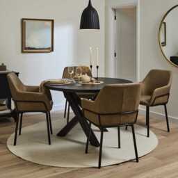 Levi Black Round Dining Table Set - 4 Seater - Reagan Brown Faux Leather Carver Chairs - thumbnail 1