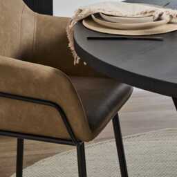 Levi Black Round Dining Table Set - 4 Seater - Reagan Brown Faux Leather Carver Chairs - thumbnail 4