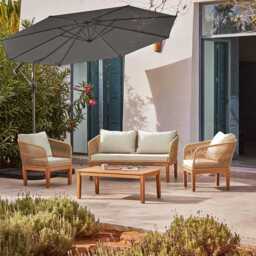 Eaden Rope Garden Conversation Set with Grey Lean Over Parasol - Natural