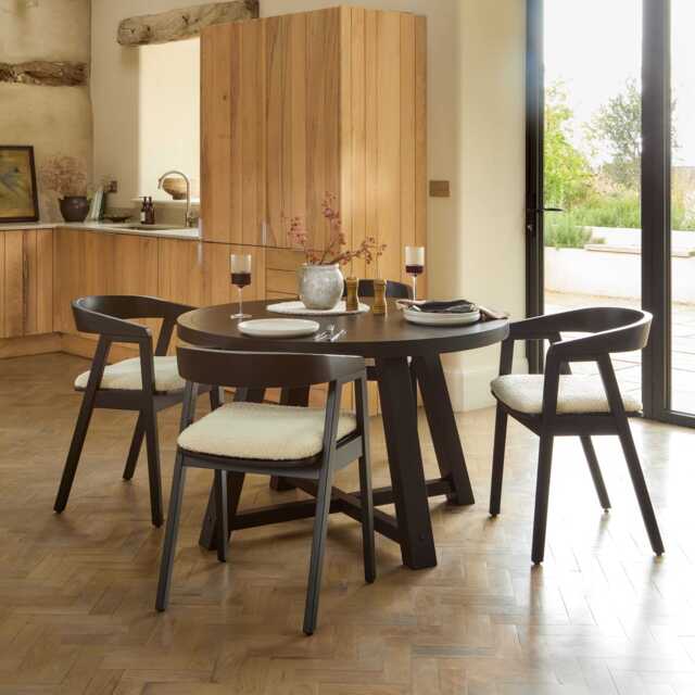 Charlotte Black Oak Round Dining Table Set - 4 Seater - Ella Black Oak Carver Chairs - Off White Boucle - image 1